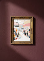 Ski Lift Mountain Art art print shown in a burgundy brass setting