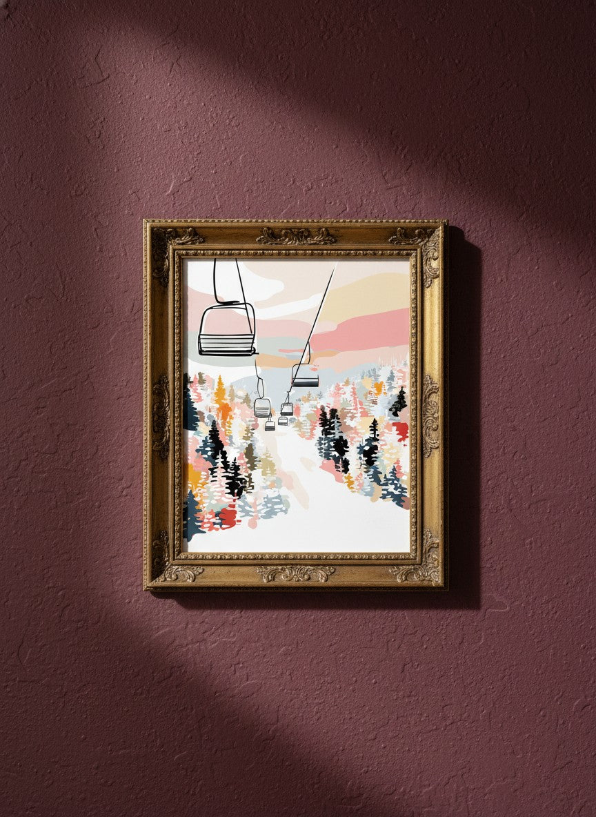 Ski Lift Mountain Art art print shown in a burgundy brass setting