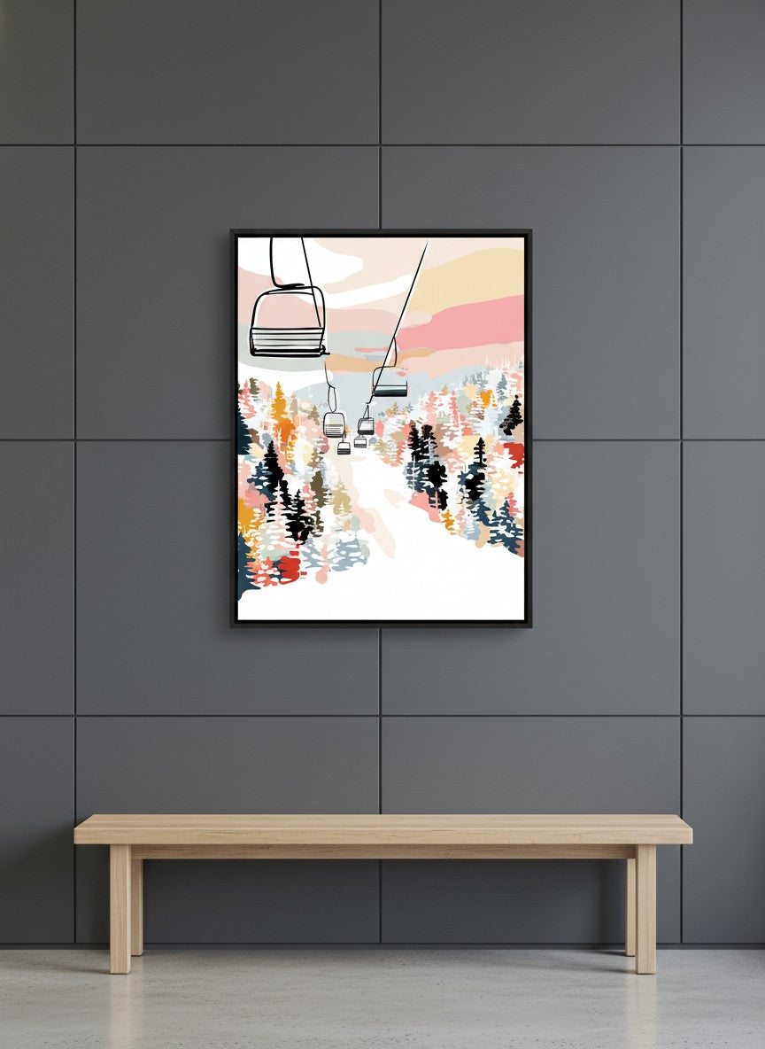 Ski Lift Mountain Art art print shown in a charcoal minimal black setting