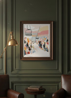 Ski Lift Mountain Art art print shown in a dark olive study setting
