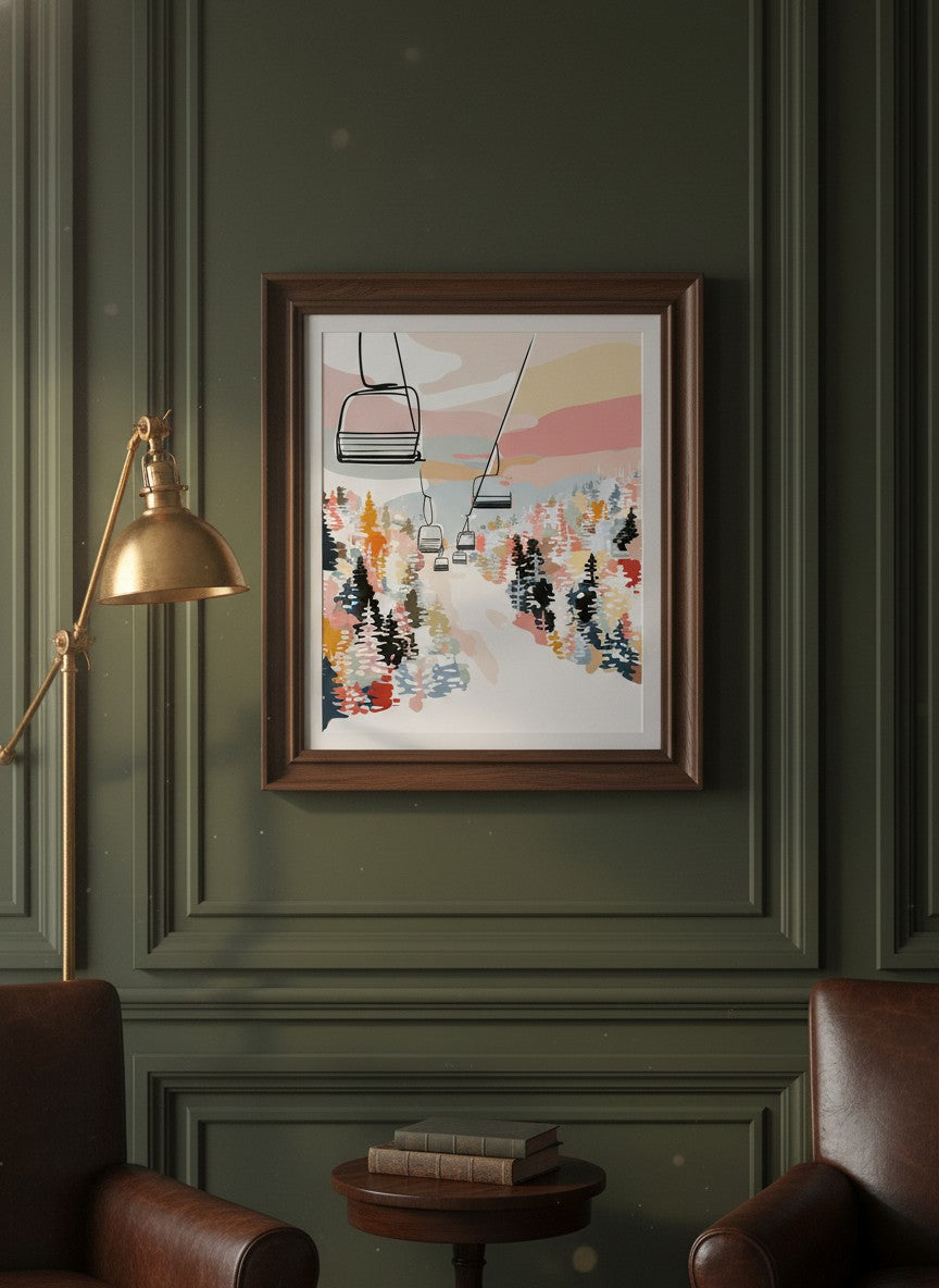 Ski Lift Mountain Art art print shown in a dark olive study setting
