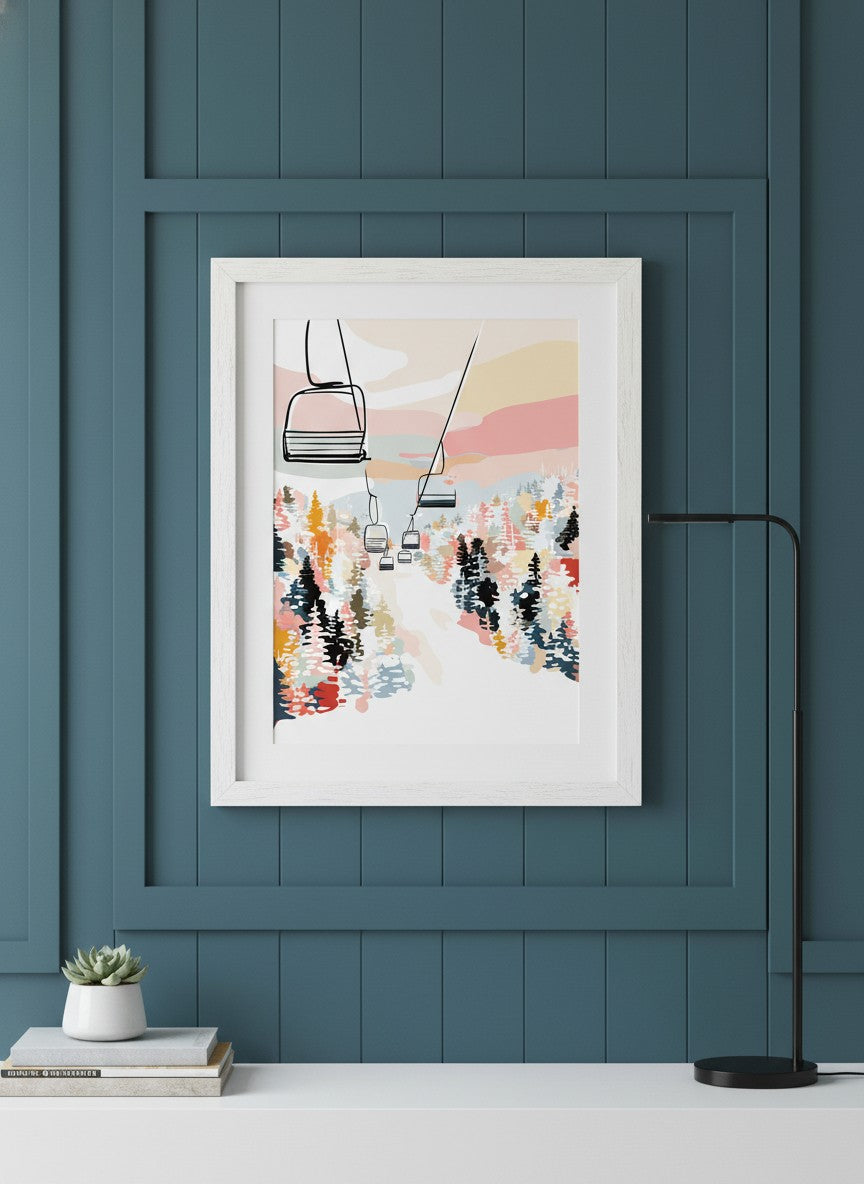 Ski Lift Mountain Art art print shown in a deep teal modern setting