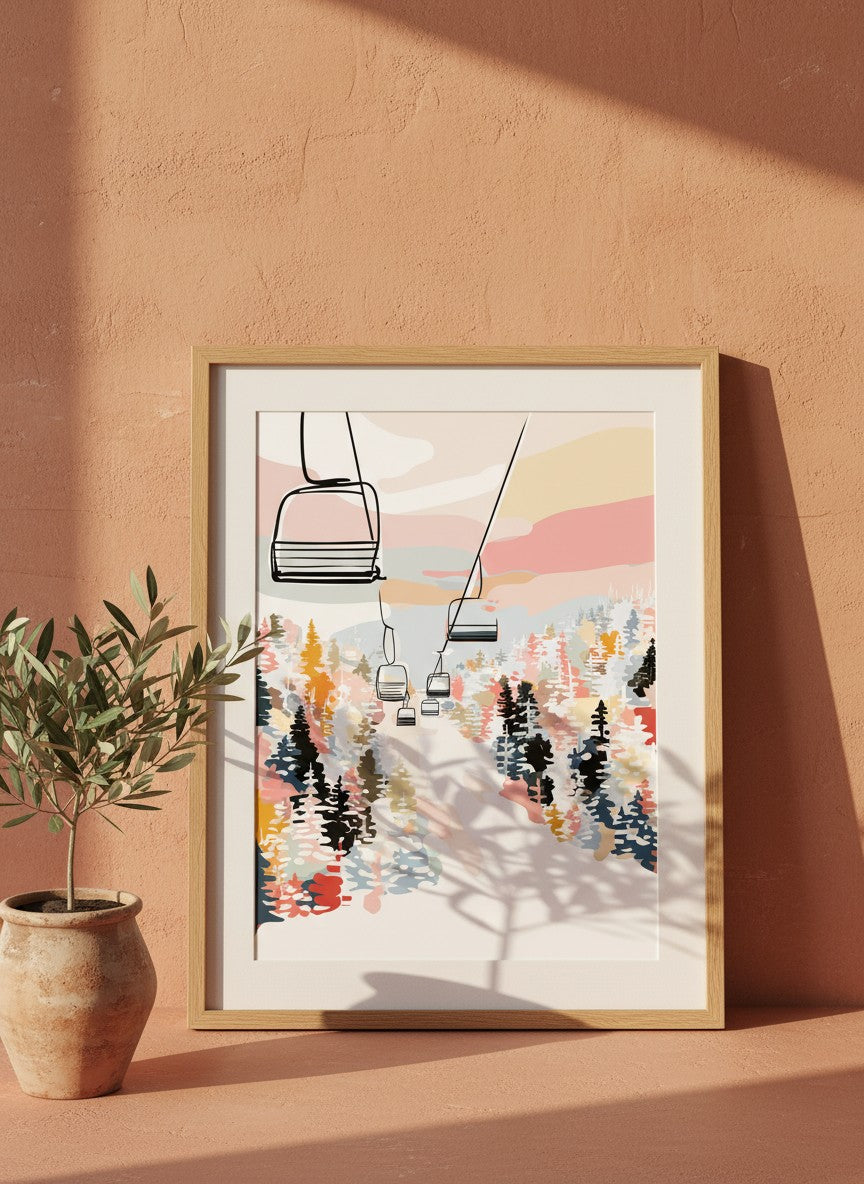 Ski Lift Mountain Art art print shown in a terracotta rustic setting