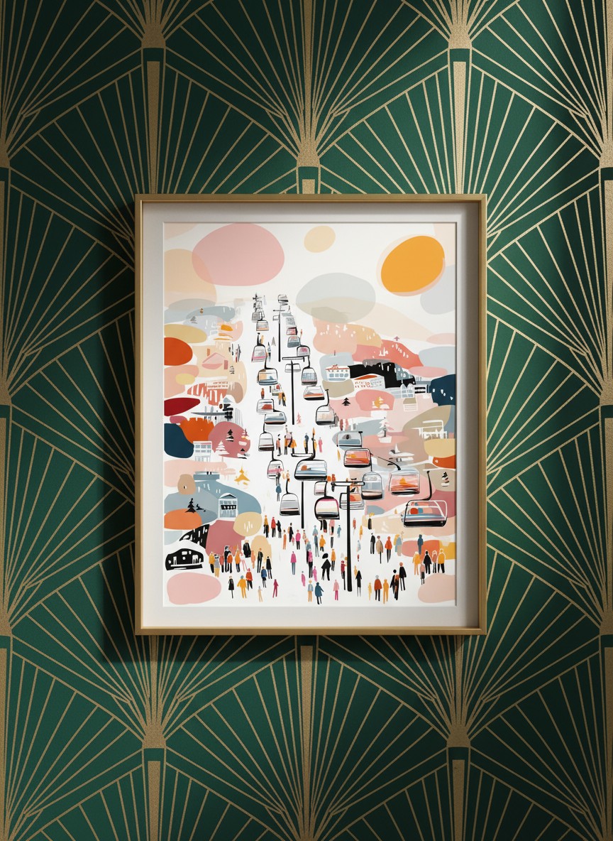 Abstract Ski Resort Gondola Art art print shown in a art deco geometric setting