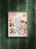 Abstract Ski Resort Gondola Art art print shown in a art deco geometric setting