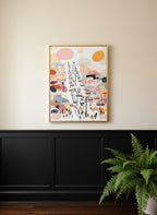 Abstract Ski Resort Gondola Art art print shown in a black wainscoting gold setting