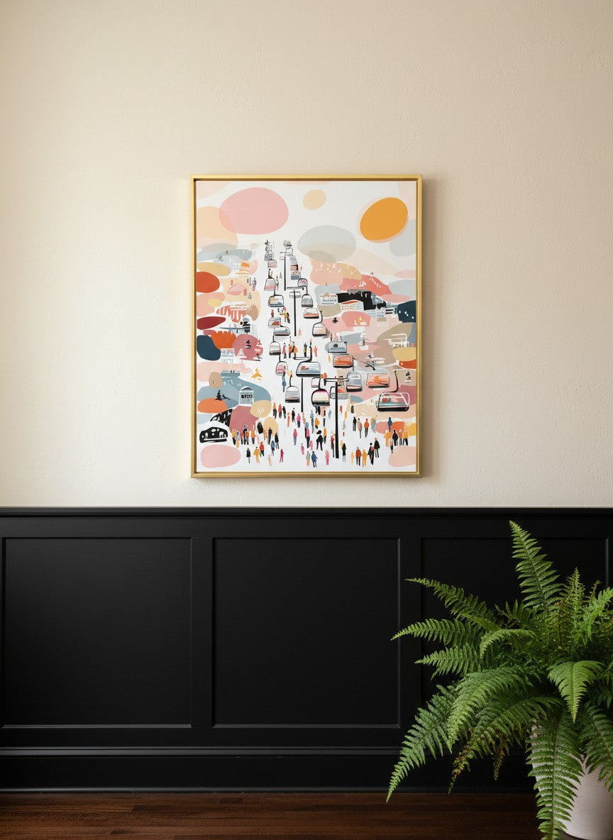 Abstract Ski Resort Gondola Art art print shown in a black wainscoting gold setting