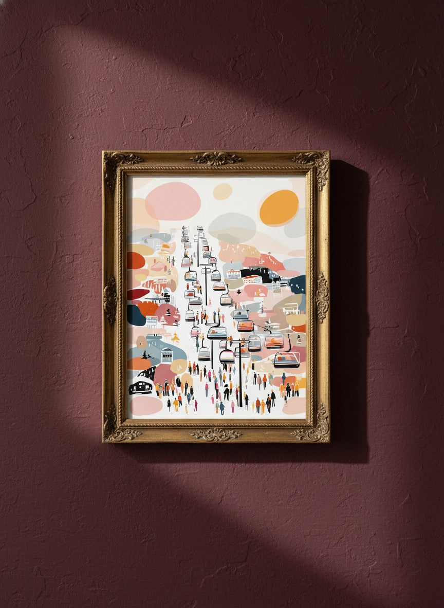 Abstract Ski Resort Gondola Art art print shown in a burgundy brass setting