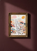 Abstract Ski Resort Gondola Art art print shown in a burgundy brass setting