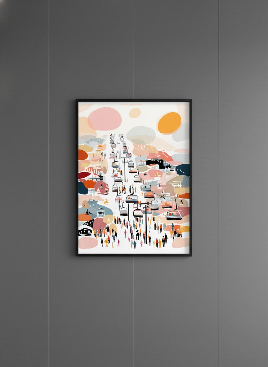 Abstract Ski Resort Gondola Art art print shown in a charcoal minimal black setting