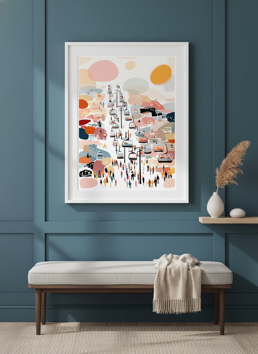 Abstract Ski Resort Gondola Art art print shown in a deep teal modern setting