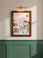 Abstract Ski Resort Gondola Art art print shown in a forest green walnut setting