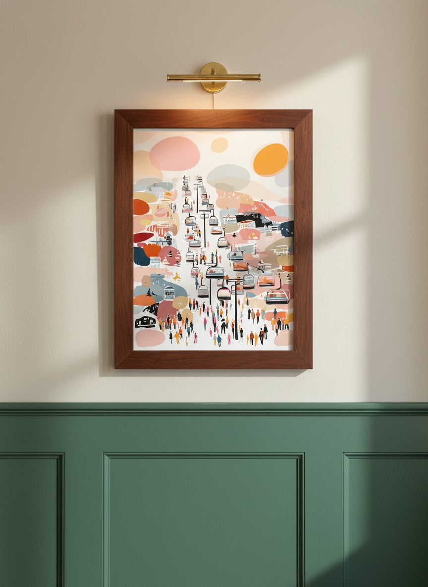 Abstract Ski Resort Gondola Art art print shown in a forest green walnut setting