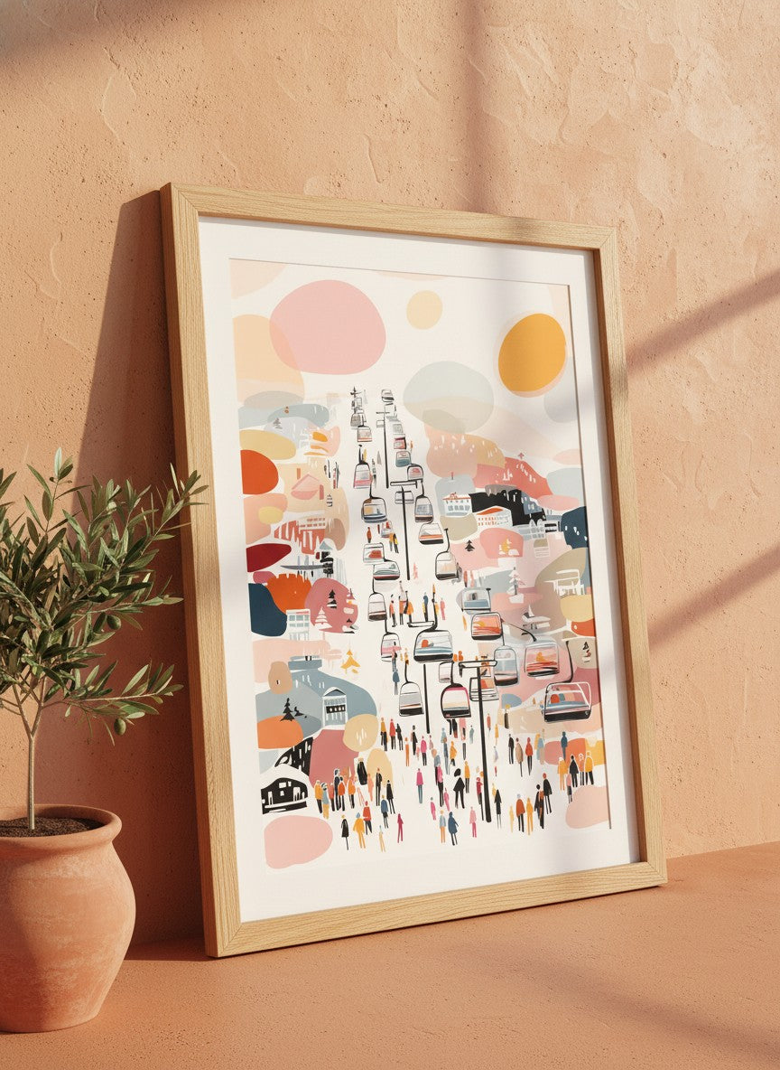 Abstract Ski Resort Gondola Art art print shown in a terracotta rustic setting