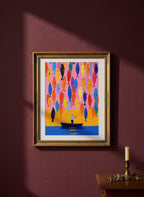 Colorful Fisherman Boat Art art print shown in a burgundy brass setting