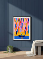 Colorful Fisherman Boat Art art print shown in a charcoal minimal black setting
