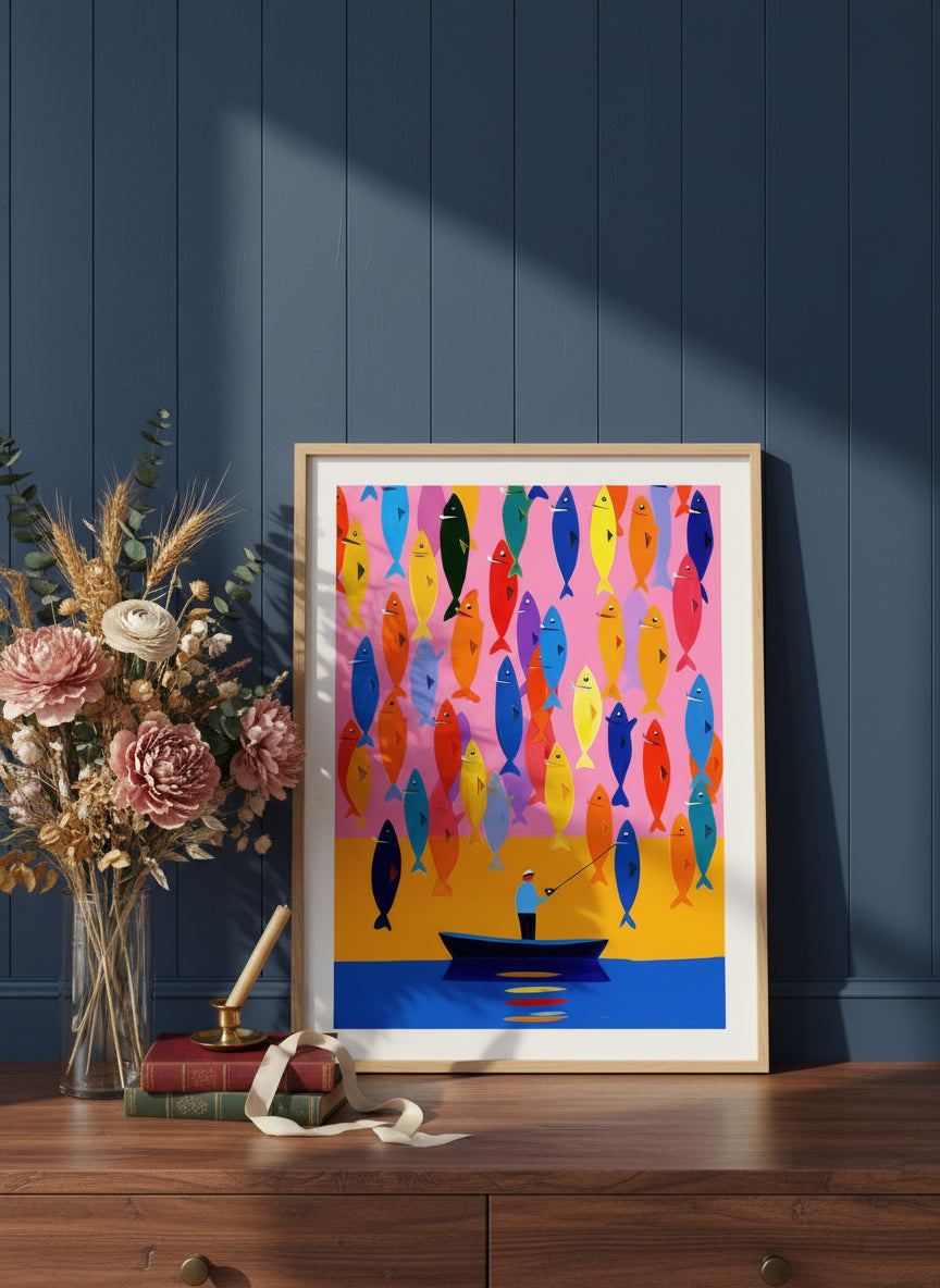 Colorful Fisherman Boat Art art print shown in a dresser dried florals setting