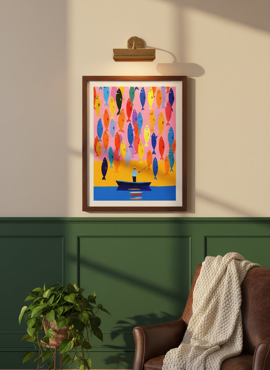 Colorful Fisherman Boat Art art print shown in a forest green walnut setting