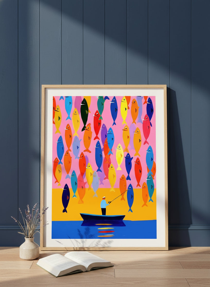 Colorful Fisherman Boat Art art print shown in a navy paneled oak setting