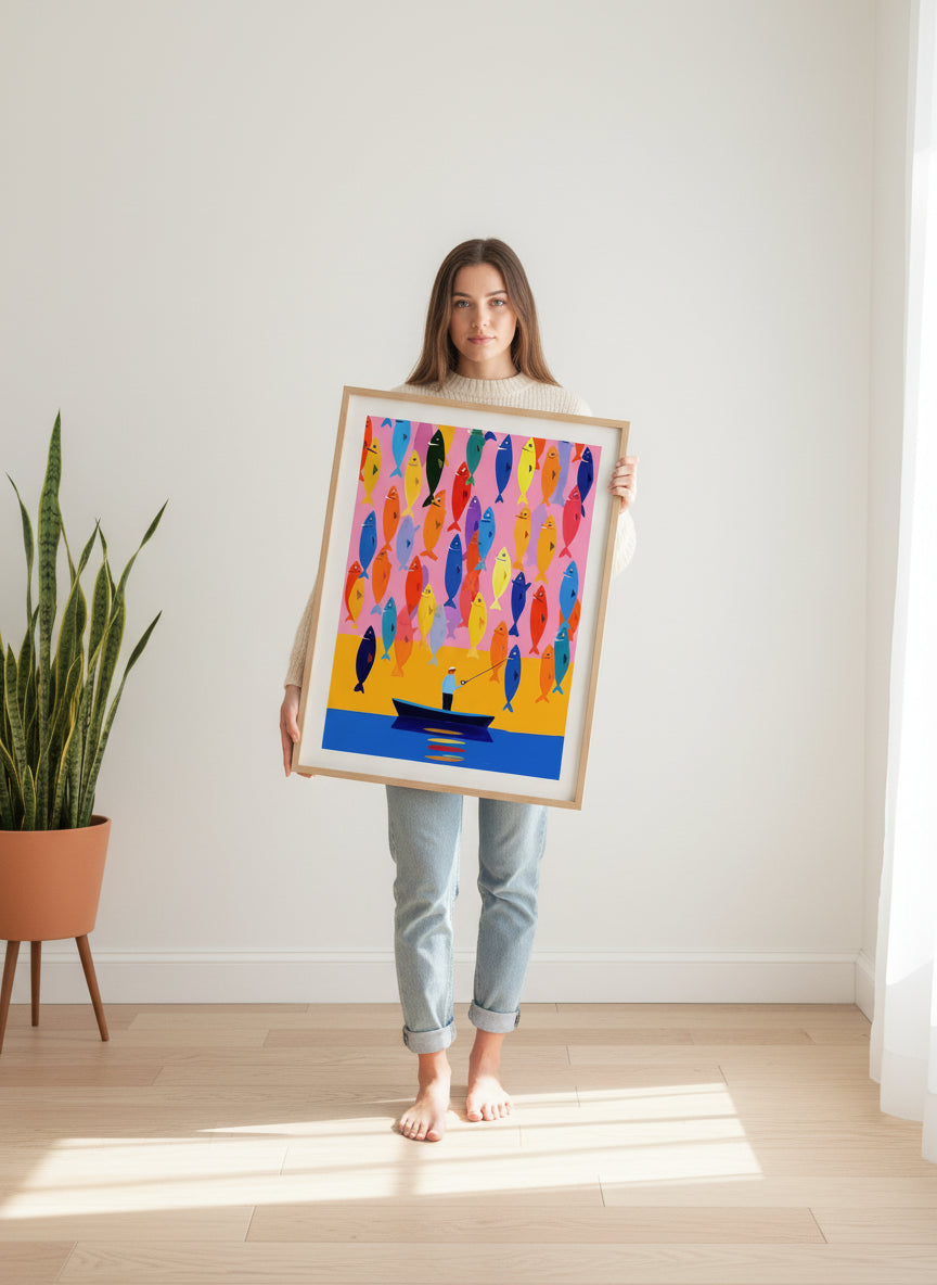 Colorful Fisherman Boat Art art print shown in a person holding bright setting