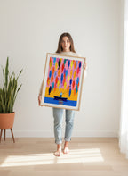 Colorful Fisherman Boat Art art print shown in a person holding bright setting