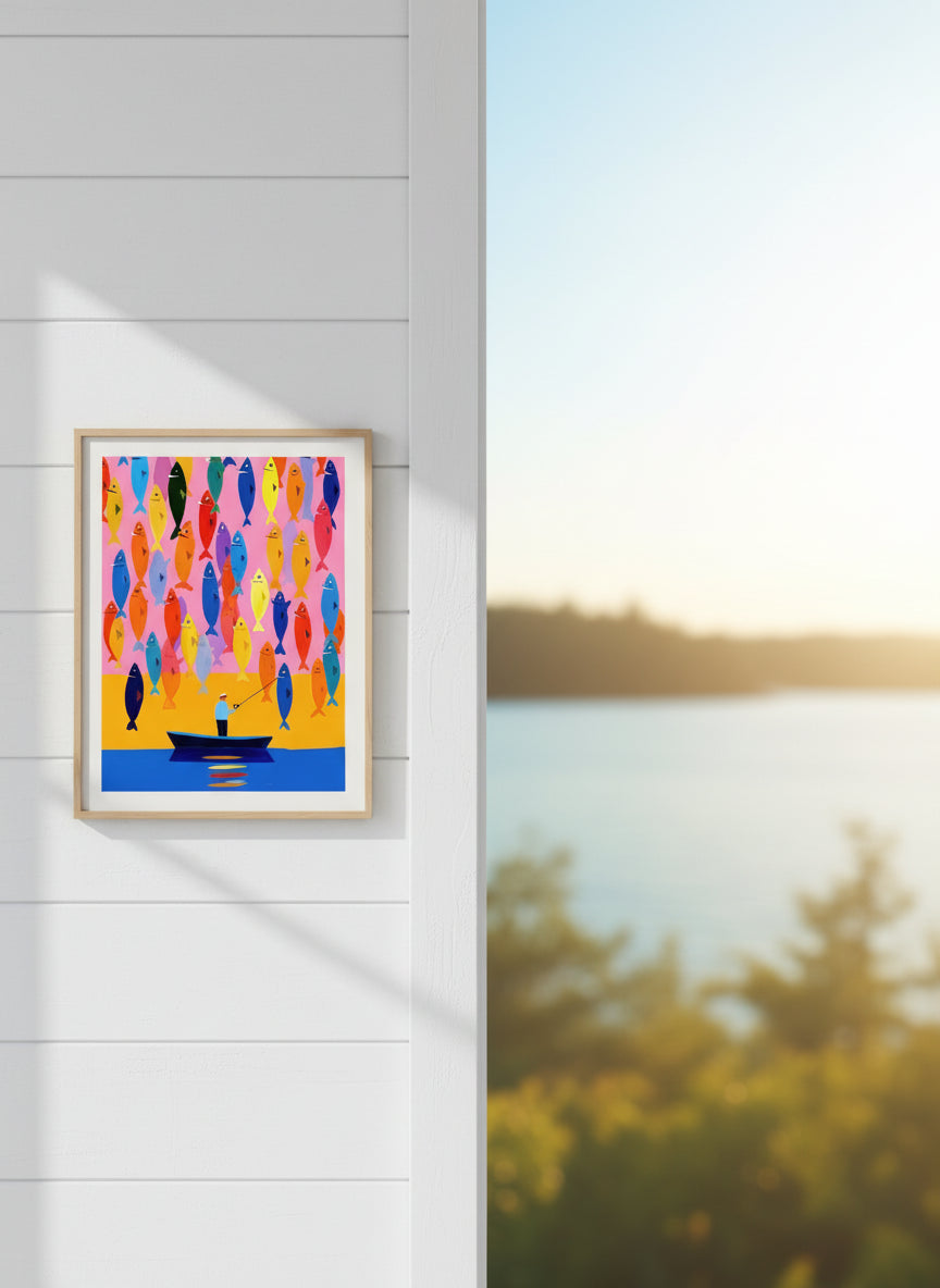 Colorful Fisherman Boat Art art print shown in a shiplap blurred view setting