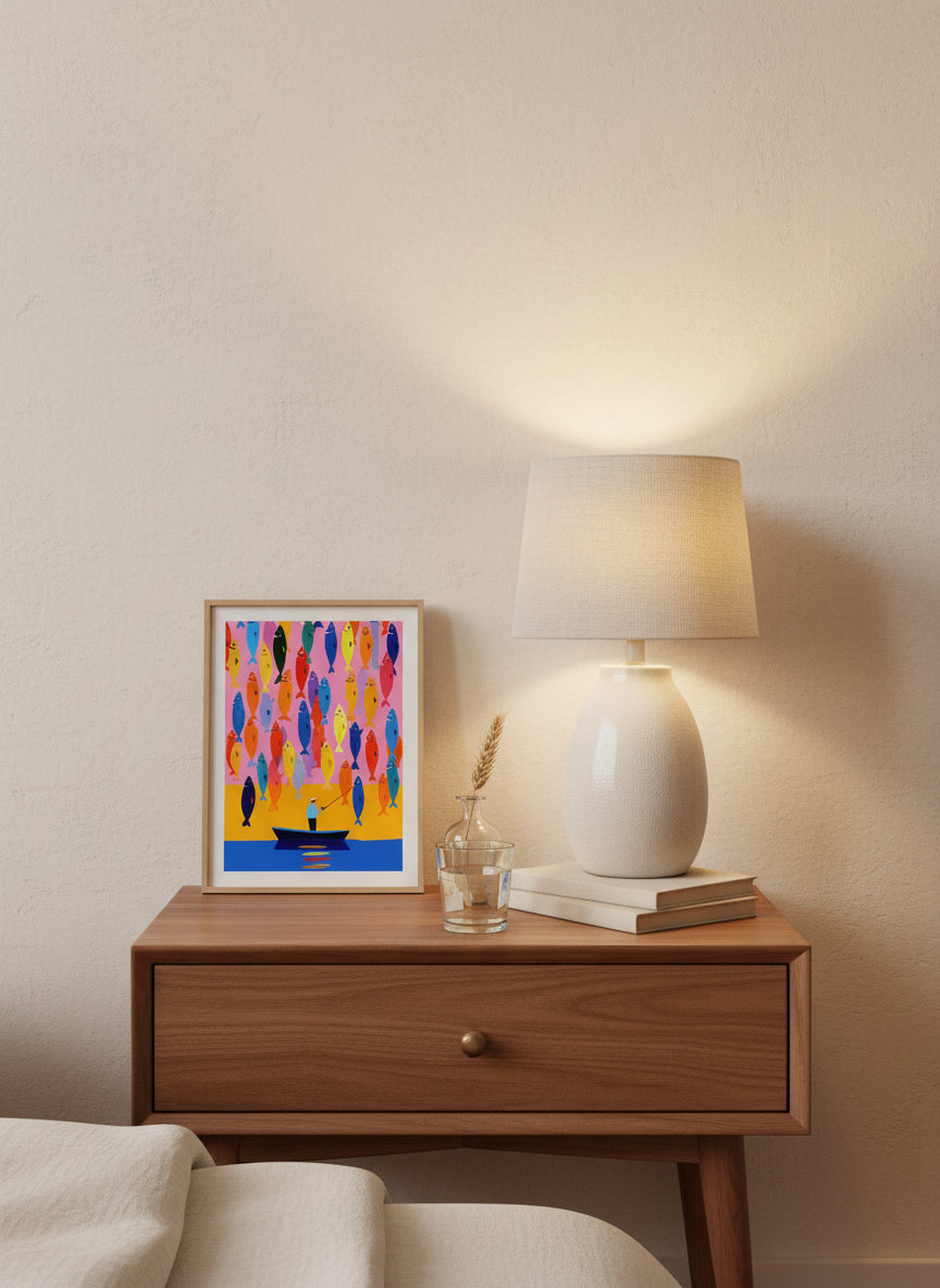 Colorful Fisherman Boat Art art print shown in a small bedside oak setting