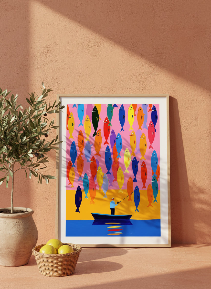 Colorful Fisherman Boat Art art print shown in a terracotta rustic setting