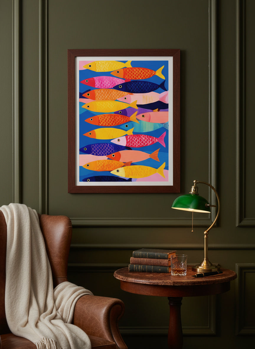 Colorful School Of Fish Art art print shown in a dark olive study setting