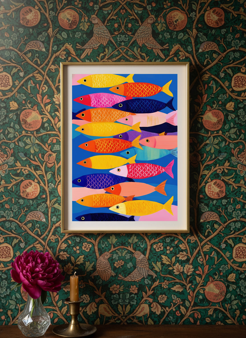 Colorful School Of Fish Art art print shown in a maximalist floral brass setting