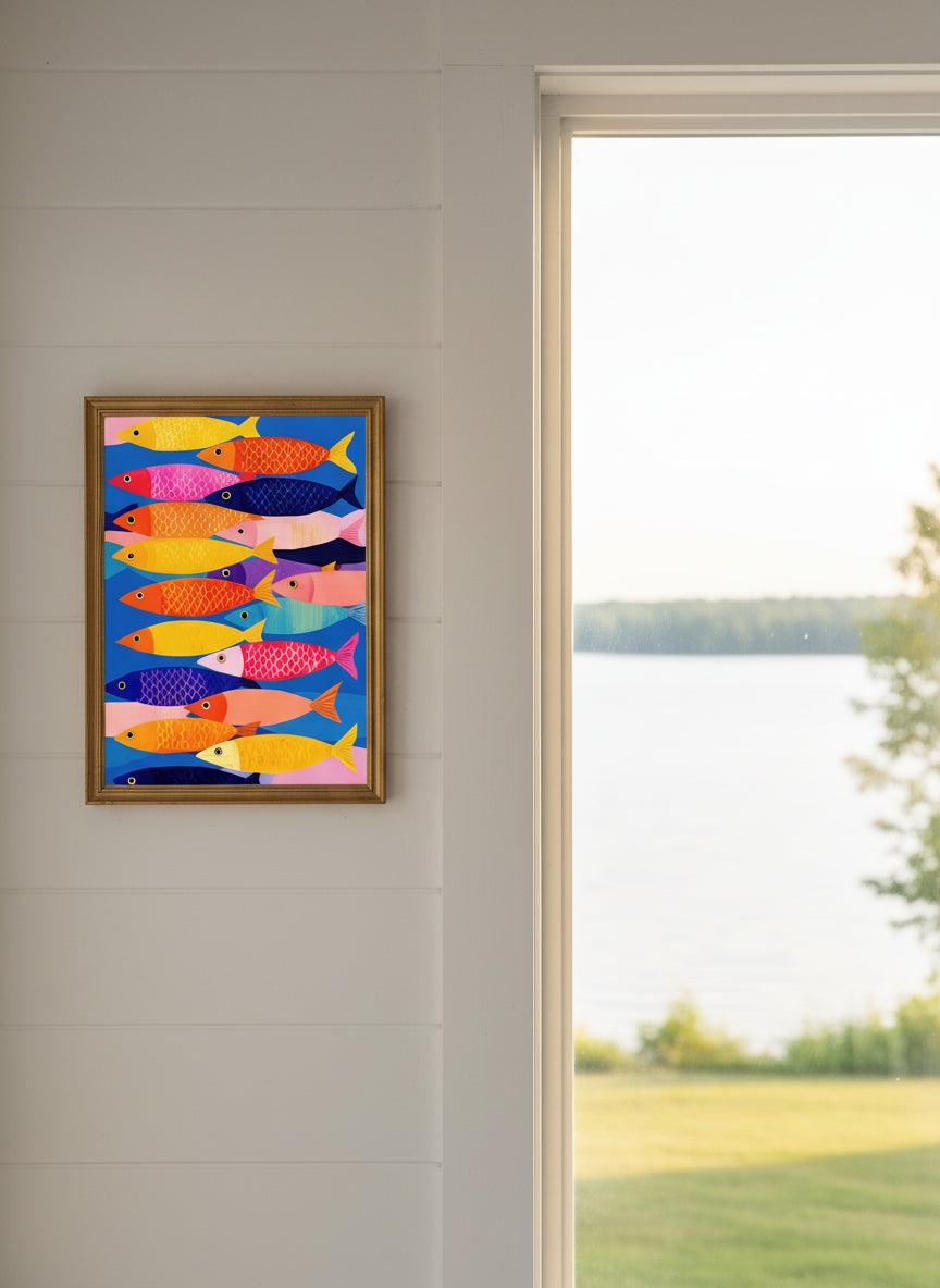 Colorful School Of Fish Art art print shown in a shiplap blurred view setting