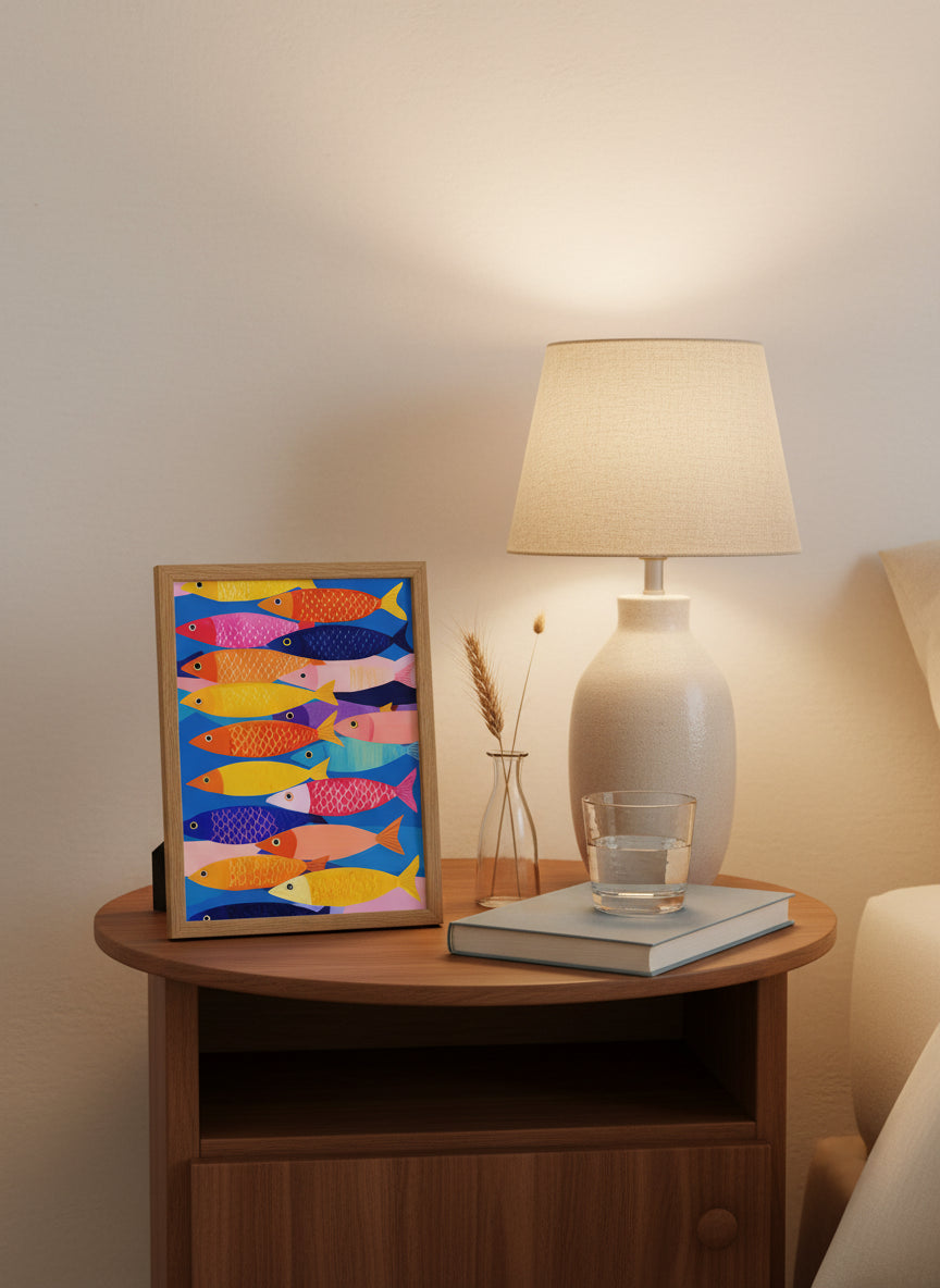 Colorful School Of Fish Art art print shown in a small bedside oak setting
