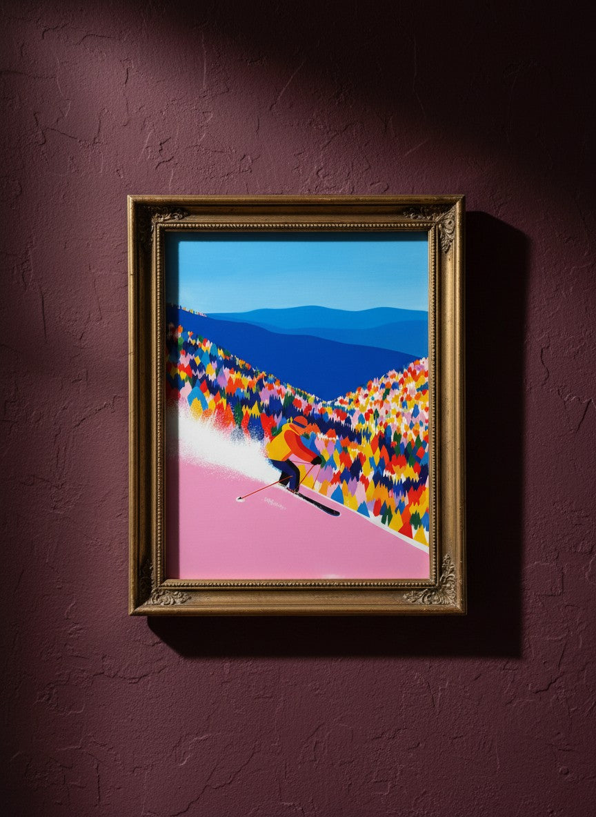 Colorful Skiing Mountain Art art print shown in a burgundy brass setting