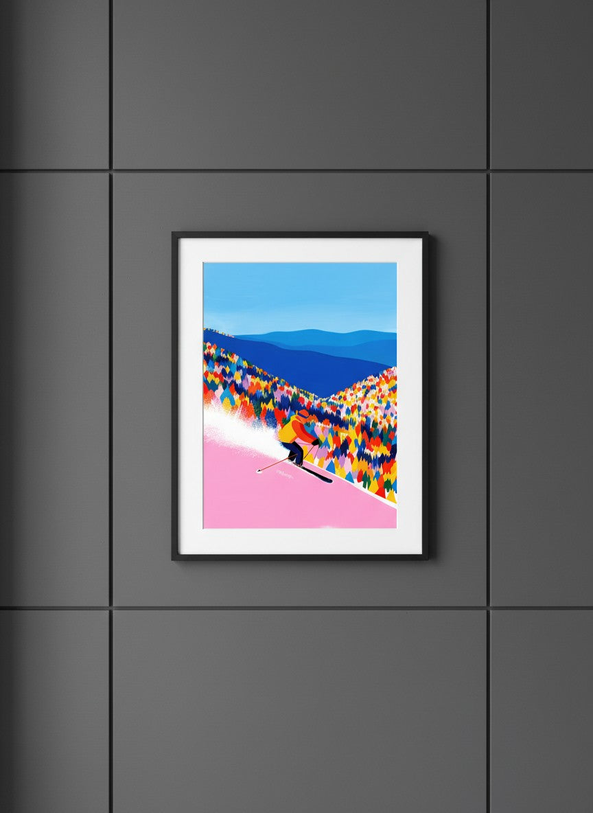 Colorful Skiing Mountain Art art print shown in a charcoal minimal black setting