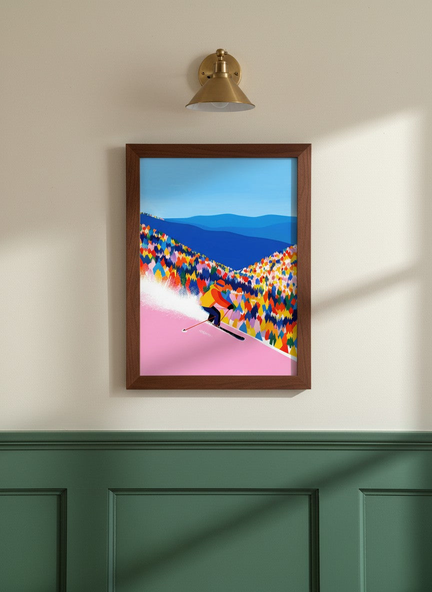 Colorful Skiing Mountain Art art print shown in a forest green walnut setting