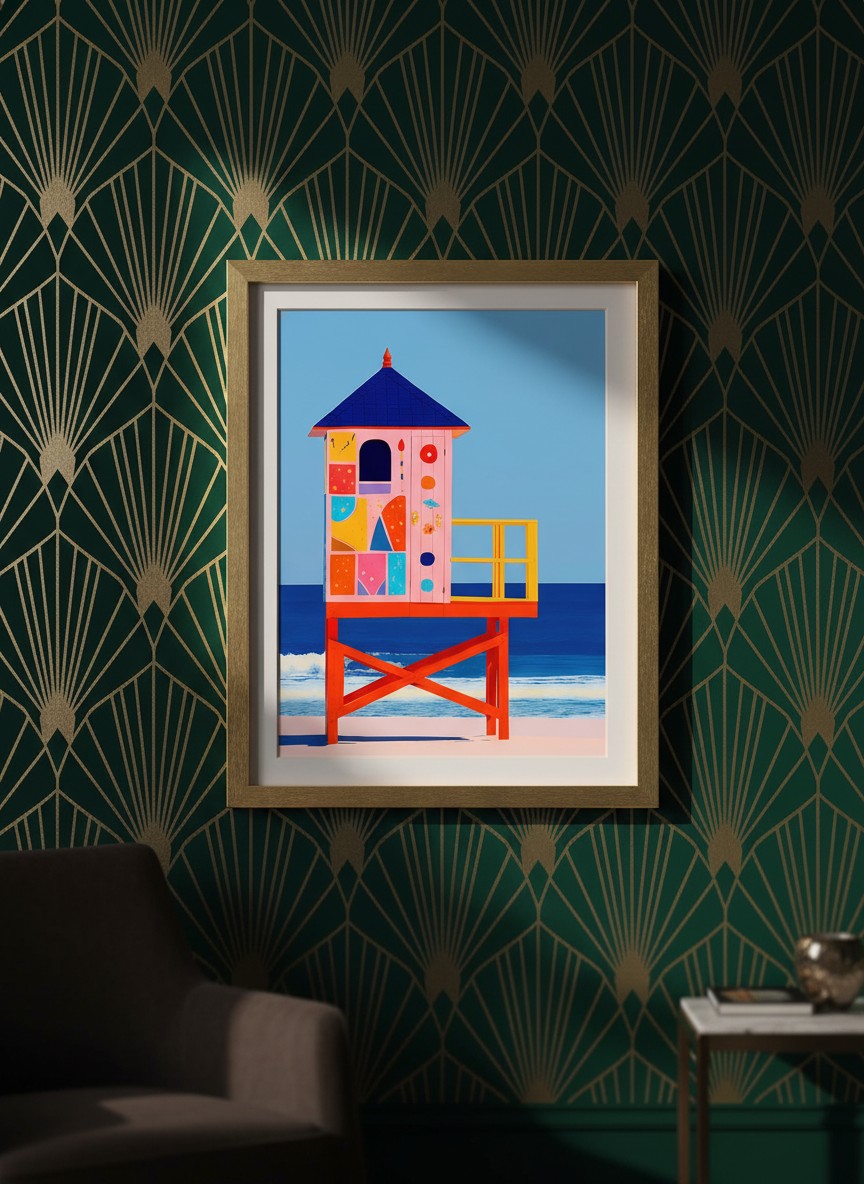 Colorful Lifeguard Tower Beach Art art print shown in a art deco geometric setting