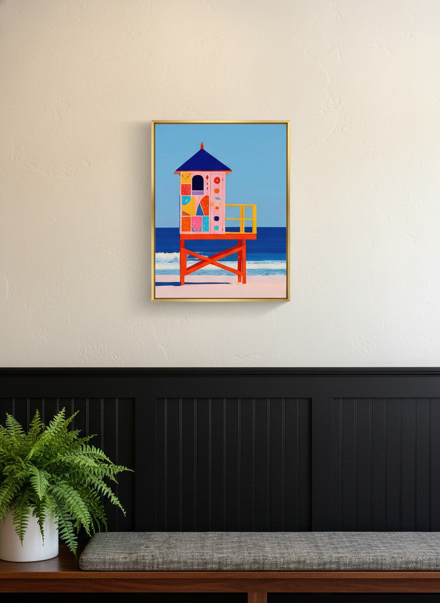 Colorful Lifeguard Tower Beach Art art print shown in a black wainscoting gold setting