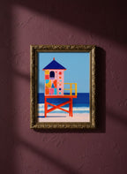 Colorful Lifeguard Tower Beach Art art print shown in a burgundy brass setting