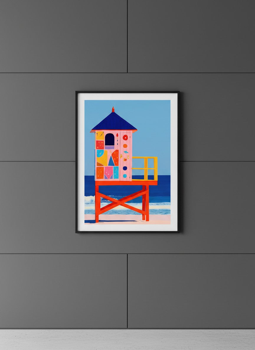 Colorful Lifeguard Tower Beach Art art print shown in a charcoal minimal black setting