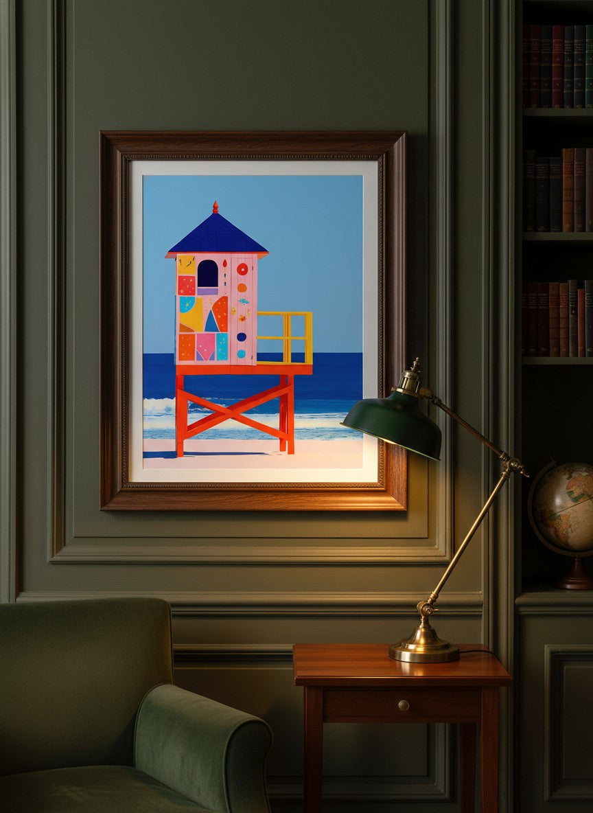 Colorful Lifeguard Tower Beach Art art print shown in a dark olive study setting