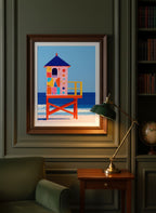 Colorful Lifeguard Tower Beach Art art print shown in a dark olive study setting
