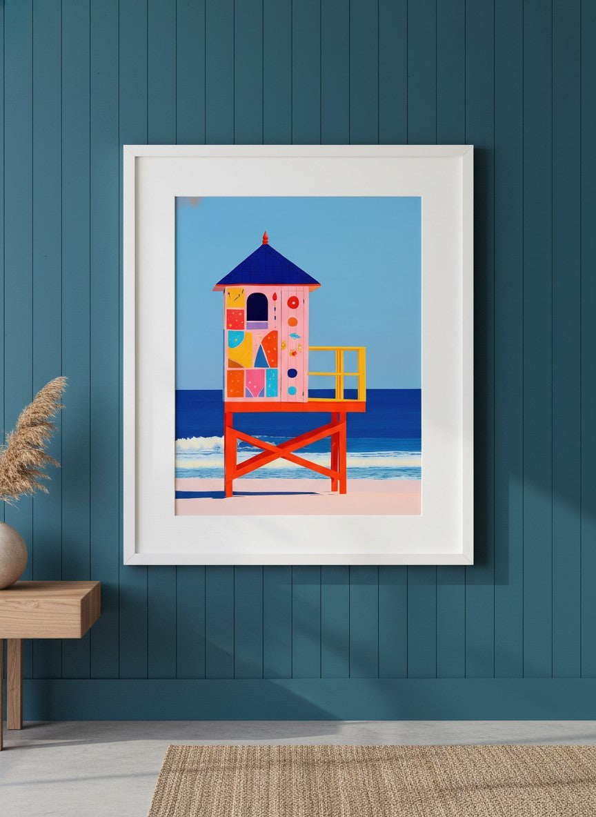 Colorful Lifeguard Tower Beach Art art print shown in a deep teal modern setting