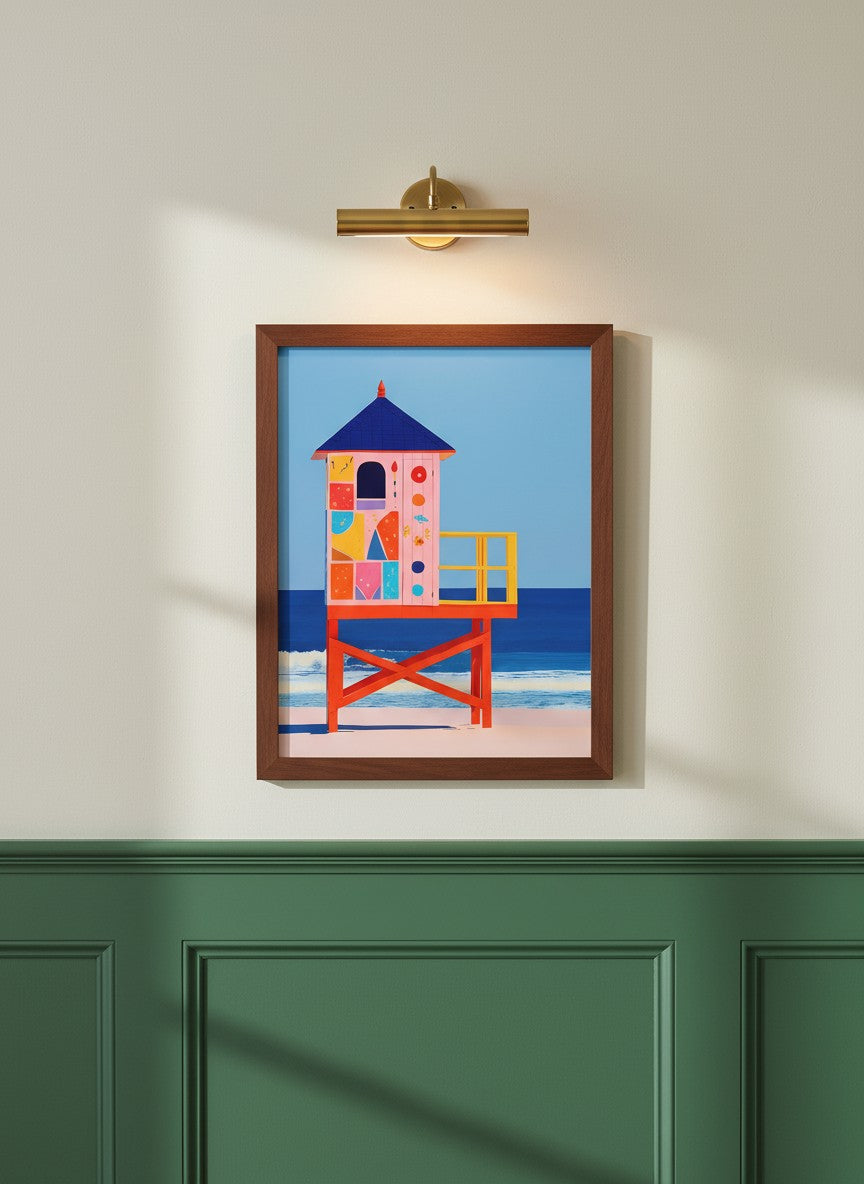 Colorful Lifeguard Tower Beach Art art print shown in a forest green walnut setting