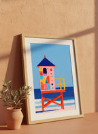 Colorful Lifeguard Tower Beach Art art print shown in a terracotta rustic setting