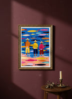 Colorful Fishermen Folk Art art print shown in a burgundy brass setting