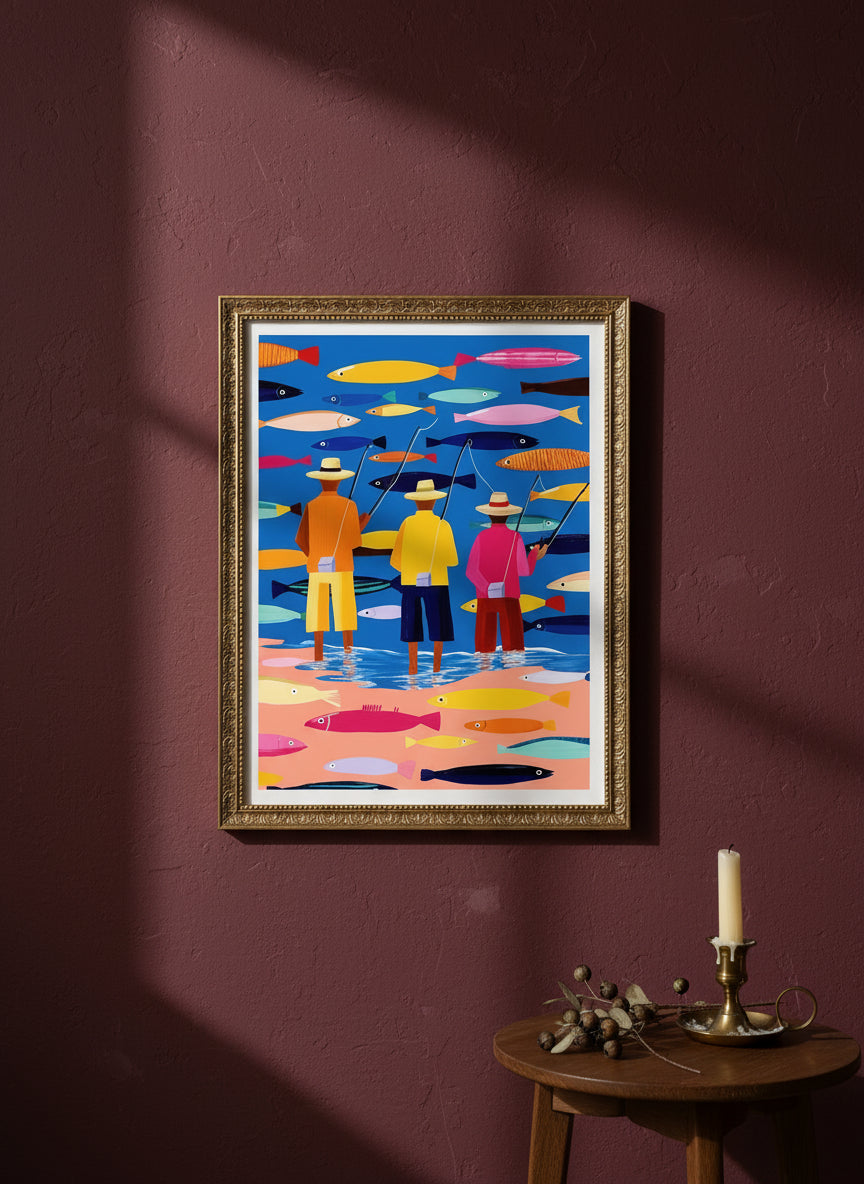 Colorful Fishermen Folk Art art print shown in a burgundy brass setting