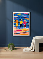 Colorful Fishermen Folk Art art print shown in a charcoal minimal black setting
