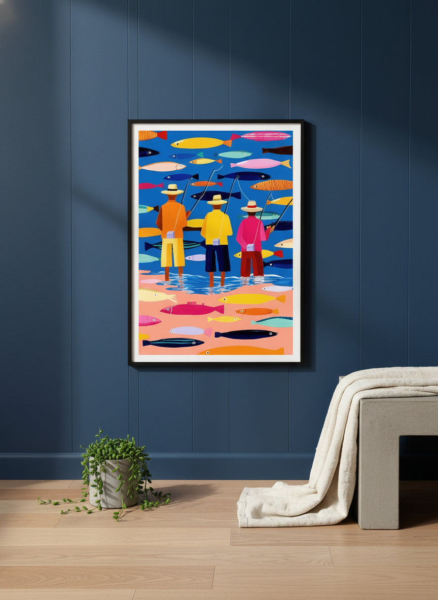 Colorful Fishermen Folk Art art print shown in a charcoal minimal black setting
