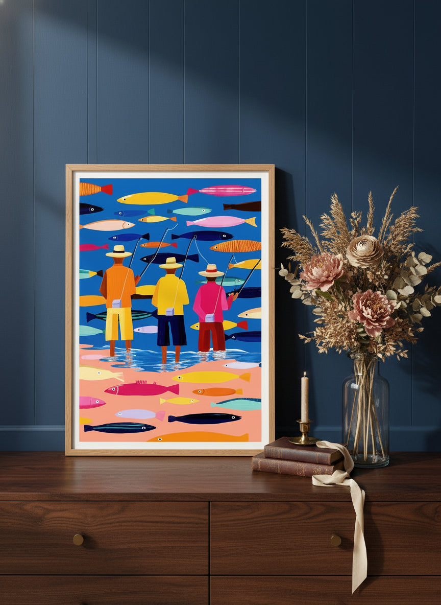 Colorful Fishermen Folk Art art print shown in a dresser dried florals setting