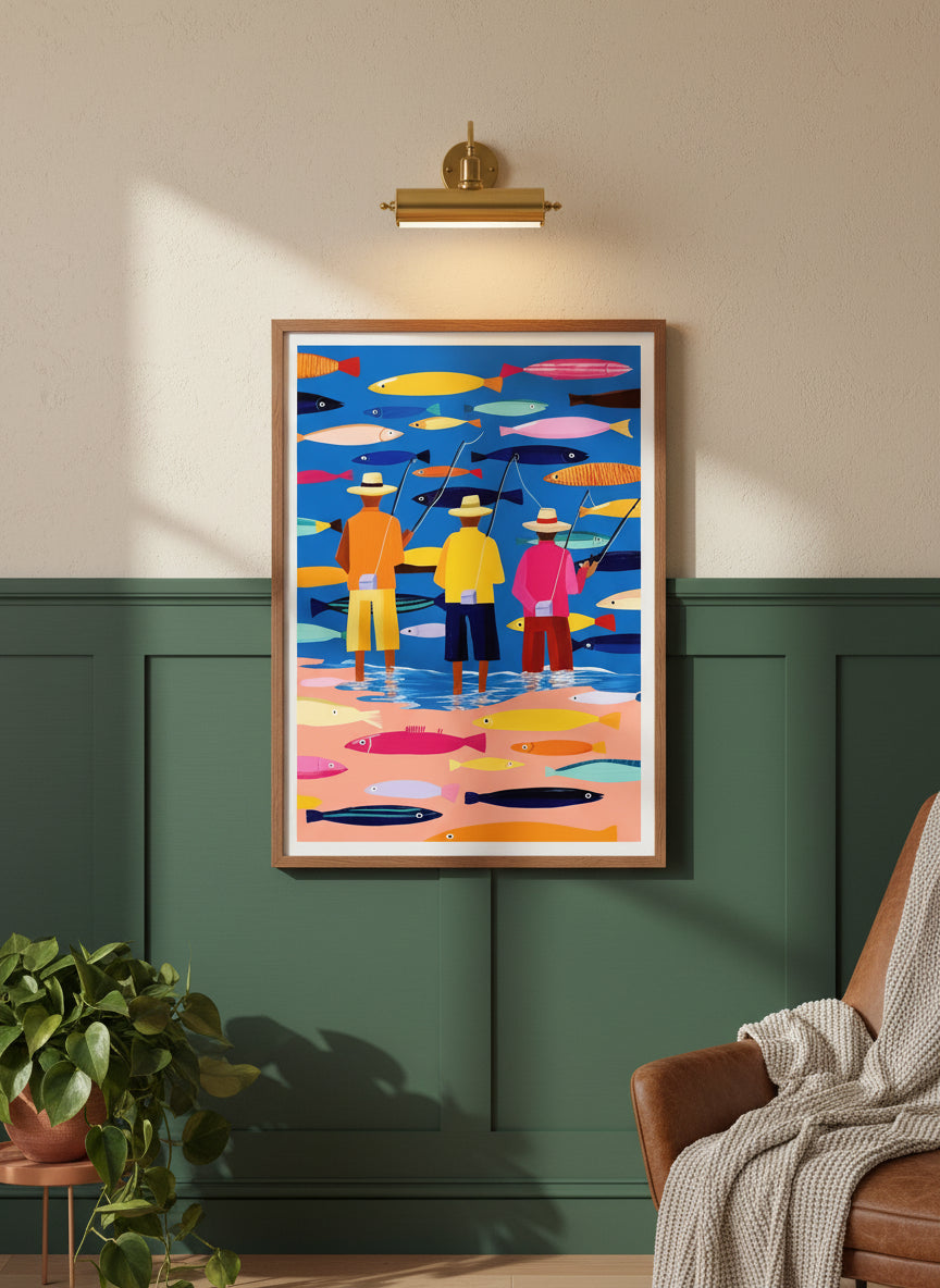 Colorful Fishermen Folk Art art print shown in a forest green walnut setting